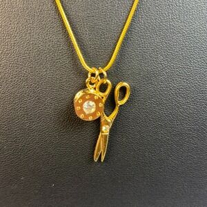 Pendant Necklace Gold Tone Rhinestone Delicate Sewing Scissors Bobbin Charms